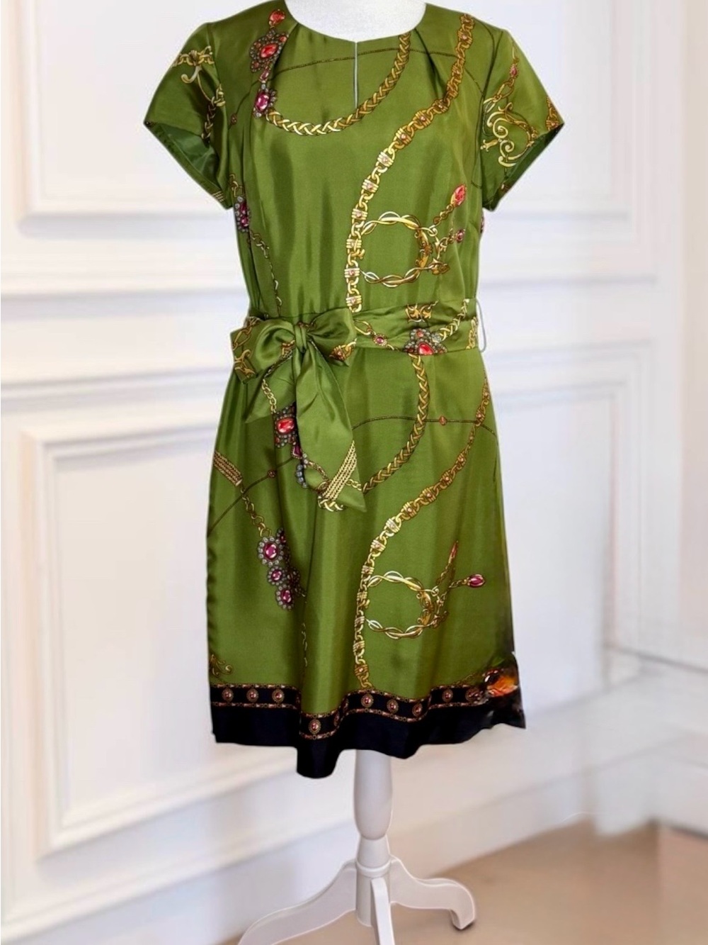 Talbots Pure Silk Olive Green Chain and Jewel Print Dress